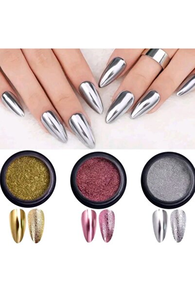 Beauty Box 3 Adet Altın Gümüş Rose Premium Quality Nail Art Ayna Tozu Metalli...