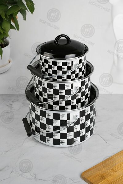 Akkoyunlu home Dama Desenli 3 Boy Kulplu Bakraç Takımı Emaye Tencere Takımı D...