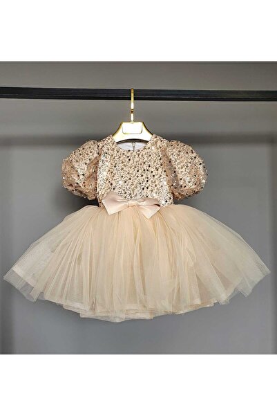 SCSTİL BALON KOL BONCUKLU GOLD ELBİSE