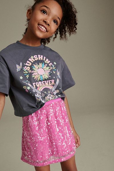 Next Baby Pink Gray Floral Patterned Thsirt and Sequined Skirt Set