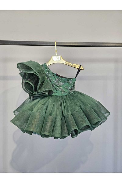 SCSTİL Emerald Green One Shoulder Gernli Beaded Dress