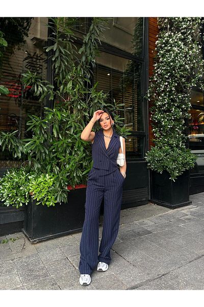 Bella Breeze Striped Asymmetrical Vest and Palazzo Pants Suit - Women