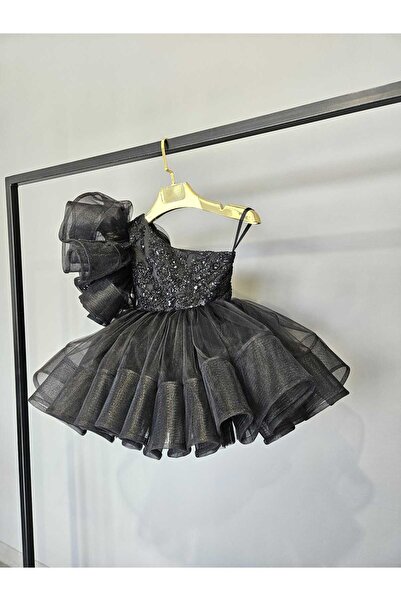 SCSTİL TEK OMUZ GERNLİ BONCUKLU SİYAH ELBİSE