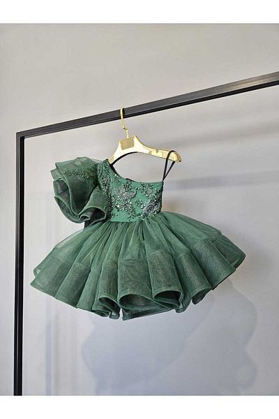 SCSTİL Emerald Green One Shoulder Gernli Beaded Dress