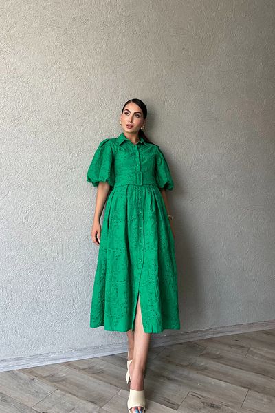 Seda Yalçın Atelier Green Belted Balloon Sleeve Pleat Detailed Brode Dress