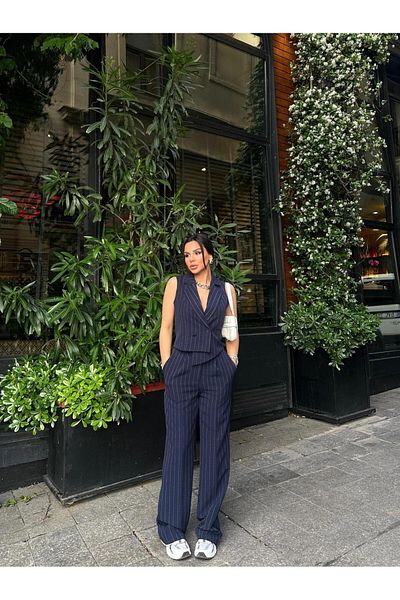 Bella Breeze Striped Asymmetrical Vest and Palazzo Pants Suit - Women
