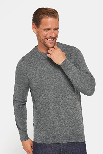 Tudors Men's Slim Fit Crew Neck Self Pattern Gray Knitwear Sweater