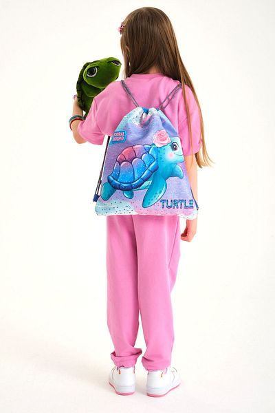 Coral High Kids Light Pink Blue Turtle Pattern Drawstring Drawstring Backpack 22693