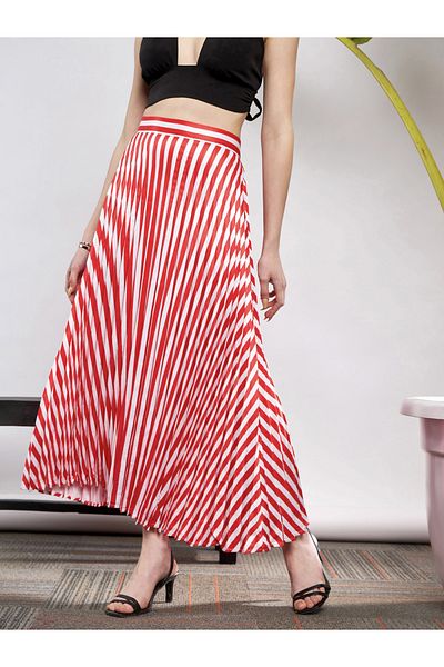 Sassafras By Styli Striped Pleated A-Line Satin Skirt
