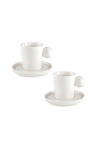 Jumbo Golf Line Beyaz 2'li Tabaklı Kahve Fincan Takımı 90 ml