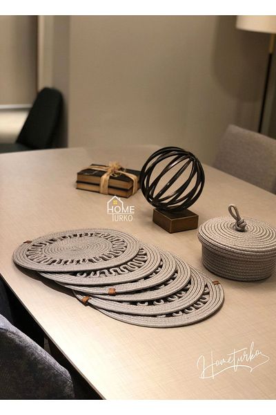 HomeTurko 6 Pieces of Tableware, 1 Piece of Bread Basket, Jute Plate, Placemat, Plate, Bread Basket