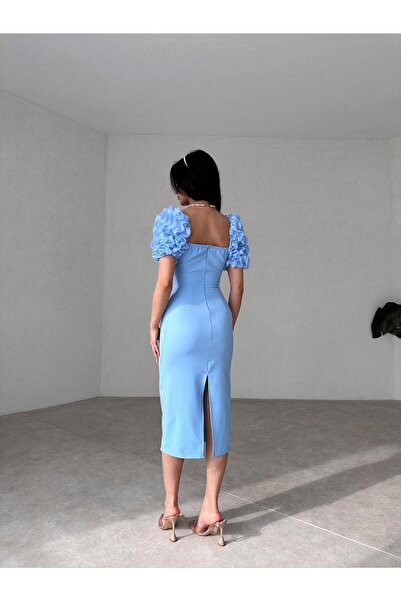 EMAYS DESIGN Kadın Koları Fırfırlı Yırtmaçlı Mavi Midi Elbise