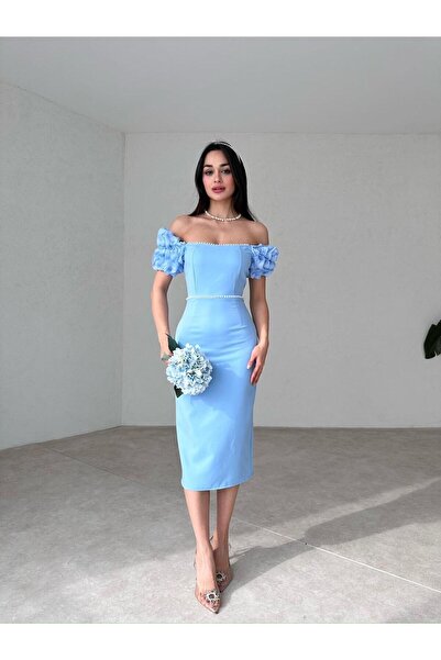 EMAYS DESIGN Kadın Koları Fırfırlı Yırtmaçlı Mavi Midi Elbise