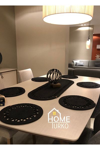 HomeTurko Iuta naturală, cu modele, răchită, șapte de loc/față de masă neagră