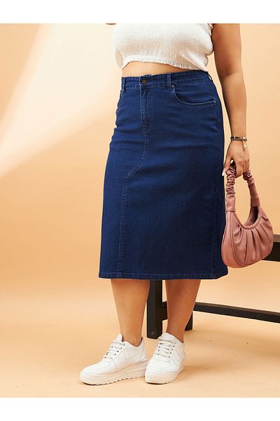 Sassafras By Styli Plus High Rise Denim Skirt with Belt Loops