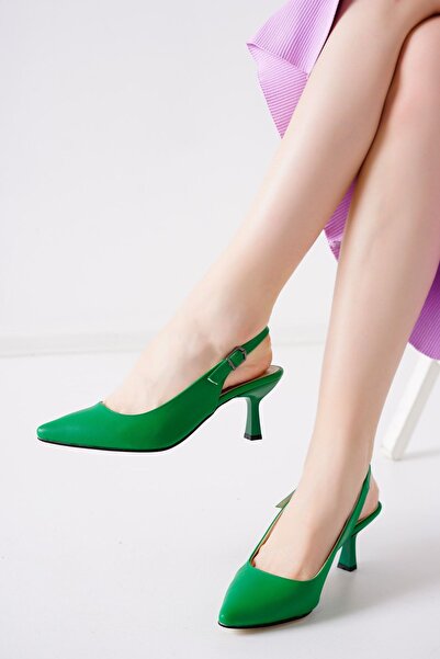 MASSOLE Летни обувки на висок ток с отворен гръб, зелени, кожени