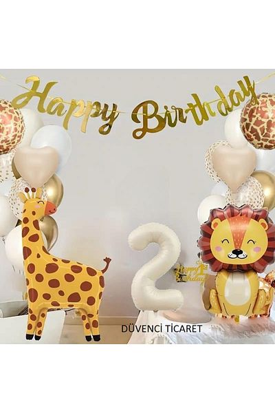 DÜVENCİ TİCARET Birthday Balloon Set - Lion Giraffe Beaded Concept