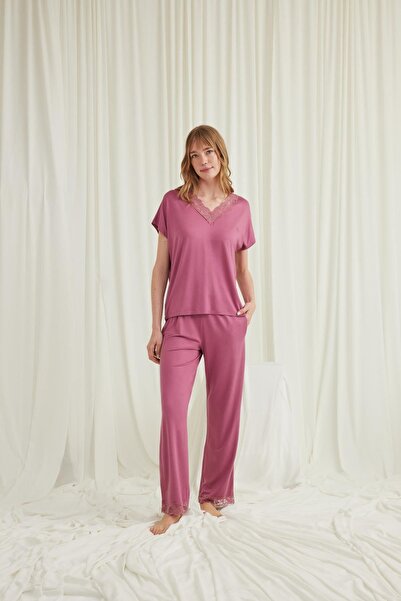 MONAMİSE Monamise Kadın Kısa Kollu V Yakalı Dantelli Pijama Takımı 18579