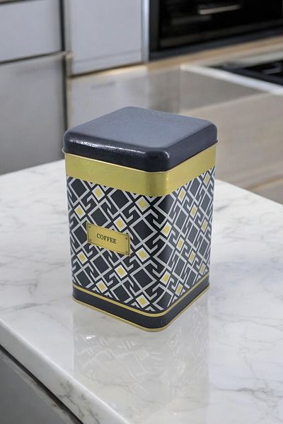 EVLE Ef022-89 Turkish Black_coffee Patterned Square Metal Storage Container 11x11 Cm