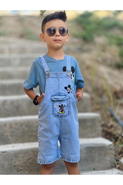 yns coolstar Unisex Micky Embroidered Summer Salopet - Cotton Denim Shorts and Overalls Set