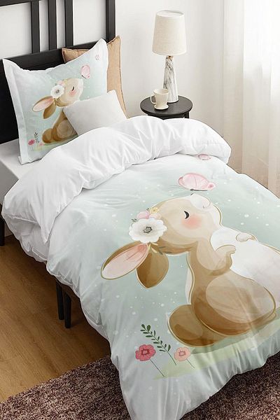 Else Dekor Rabbit and Butterfly Animal Patterned Single Children's Duvet Cover Set Without Sheets