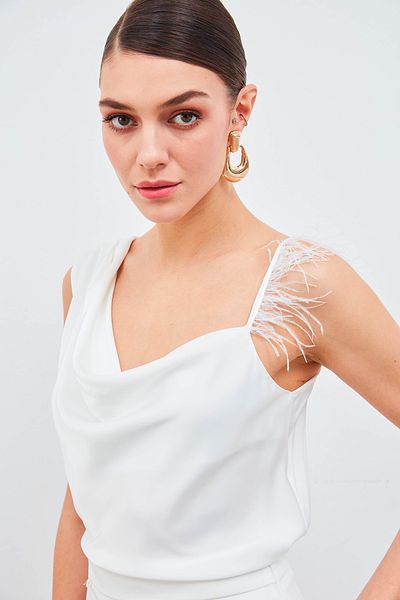 Sateen Bluză Ecru Degaje cu pene - Cu bretele