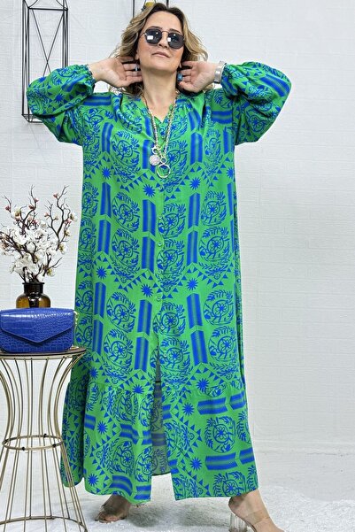 yagmurberen BOYDAN BUTTONED SLEEVES MOUTHS RUBBERED PATTERNED 100% LARGE SIZE VISKOSE DRESS