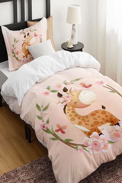 Else Dekor Floral Giraffe Patterned Single Children's Duvet Cover Set Without Sheets