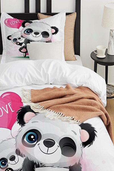 Else Halı Love Yazılı Bisikletli Panda Desenli Çarşafsız Tek Kişilik Çocuk Nevresim Takımı