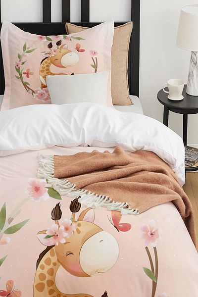 Else Dekor Floral Giraffe Patterned Single Children's Duvet Cover Set Without Sheets