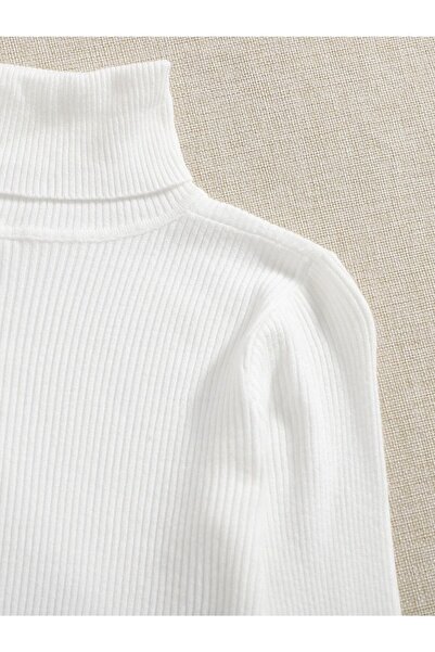 HANCLO Pulover de bumbac alb cu guler roscat, cu nervuri, slimfit