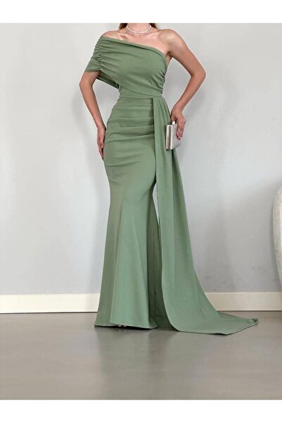 WoolnClyde Rochie de seară lungă, cu mânecă scurtă, cu guler Madonna, mentă, ...