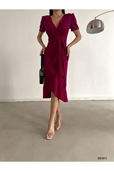 WoolnClyde Γυναικείο Φούξια Φούξια με διπλό στήθος λαιμό και δέσιμο στη μέση με κοντό μανίκι Midi βραδινό φόρεμα