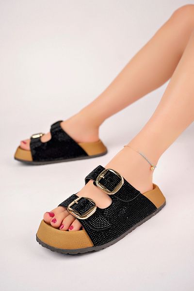 McDark Stone Detailed Black Daisy Women's Slippers