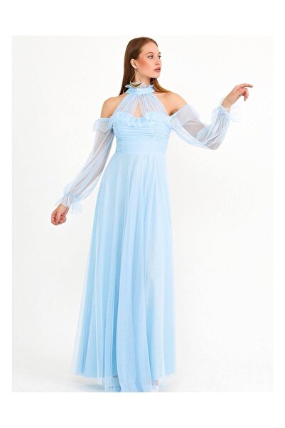 WoolnClyde Дамска бебешко синя тюлена рокля с деколте и ръкави, подплатена с ...