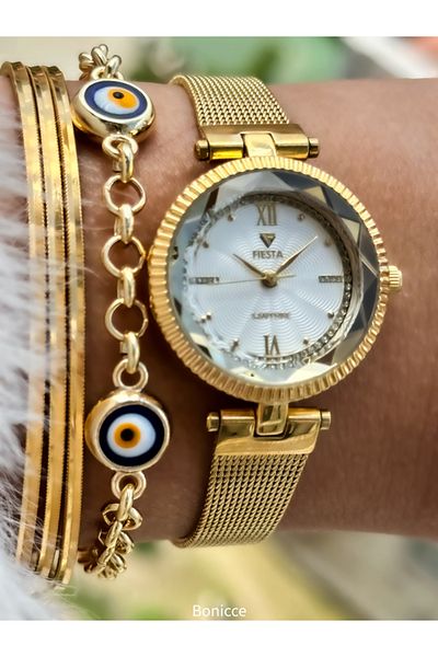 Fiesta Brand Full Steel (case, band) Luxury Mesh Strap Gold Color VIP 5 Atm Wristwatch