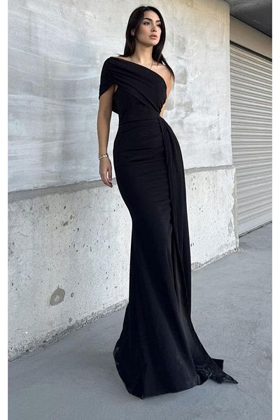 WoolnClyde Women's Black Madonna Collar Single Short Sleeve Tail Detailed Maxi Length Drape Gathered Long Evening Dress