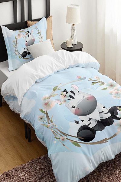 Else Dekor Blue Black and White Zebra Animal Patterned Single Children's Duvet Cover Set Without Sheets