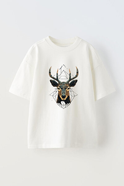 THEWERT Λευκό βαμβακερό μπλουζάκι Oversize - Deer Design Printed, Unisex