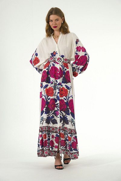 ABBRA Women's High Collar Belted 100% Viscose Summer Dress