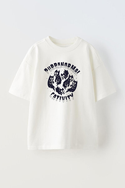 THEWERT Purranormal Catıvıty Sa deznom - Unisex bela Oversize kroj Pamuk T-shirt