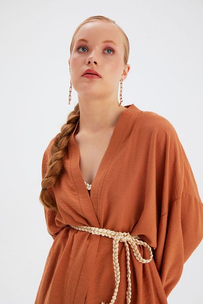 Sateen Shabby Kimono with Belt Detail - Tan