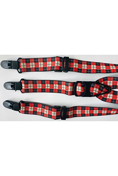 VELİLA Çocuk Pantolon Askısı Kırmızı Beyaz Siyah Kareli