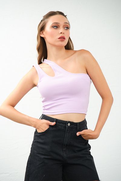 PUNKY CAT Λιλά Μπλούζα με έναν ώμο Crop Top - Γυναικεία Μπλούζα