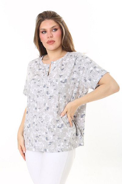 Şans Women's Large Size Gray Cotton Fabric V-Neck Blouse 65N37899