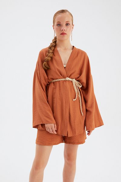 Sateen Shabby Kimono with Belt Detail - Tan