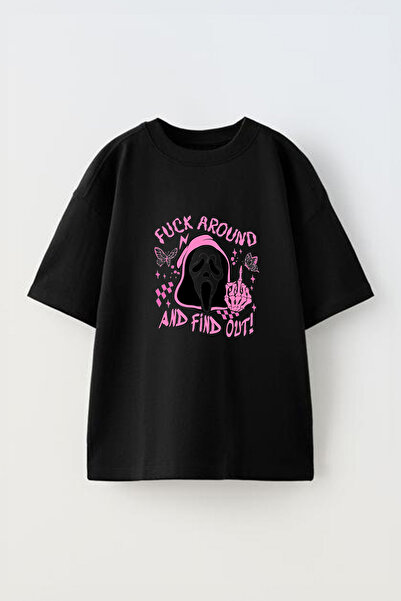 THEWERT Tricou oversize negru din bumbac cu imprimeu unisex, cu design „Fuck ...
