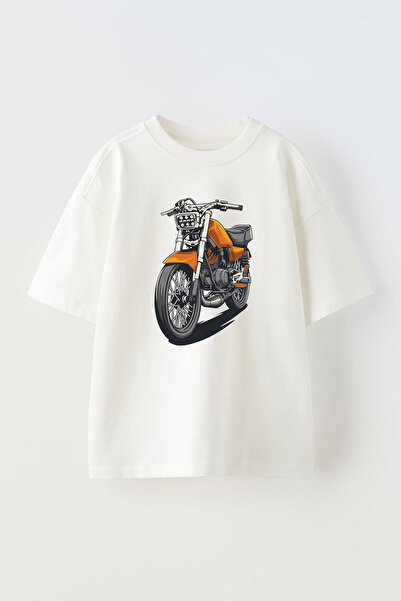 THEWERT Tricou alb oversize unisex - imprimat cu motor portocaliu, bumbac