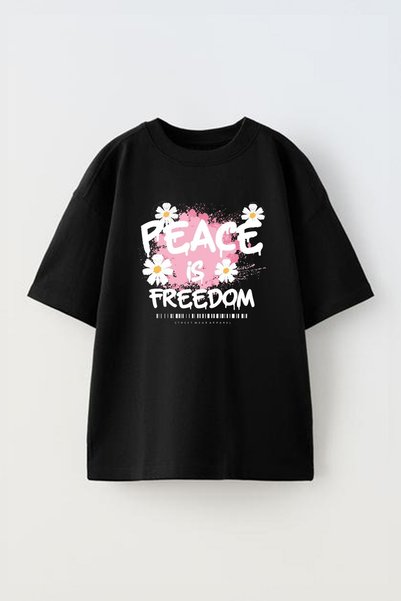 THEWERT Унисекс Pamuk црна T-shirt Oversize kroj са Štampano и дизајном „Мир ...