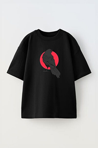 THEWERT Unisex crvena Oversize kroj Pamuk T-shirt - Dizajn kruga vrana, Štampano